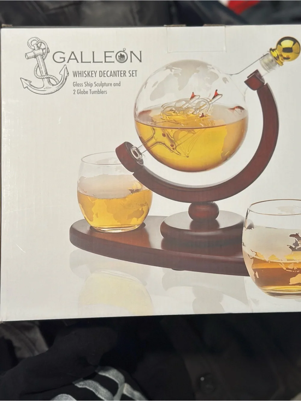 Whiskey Decanter Set with Brown Wood Stand and Clear Globe Decanter